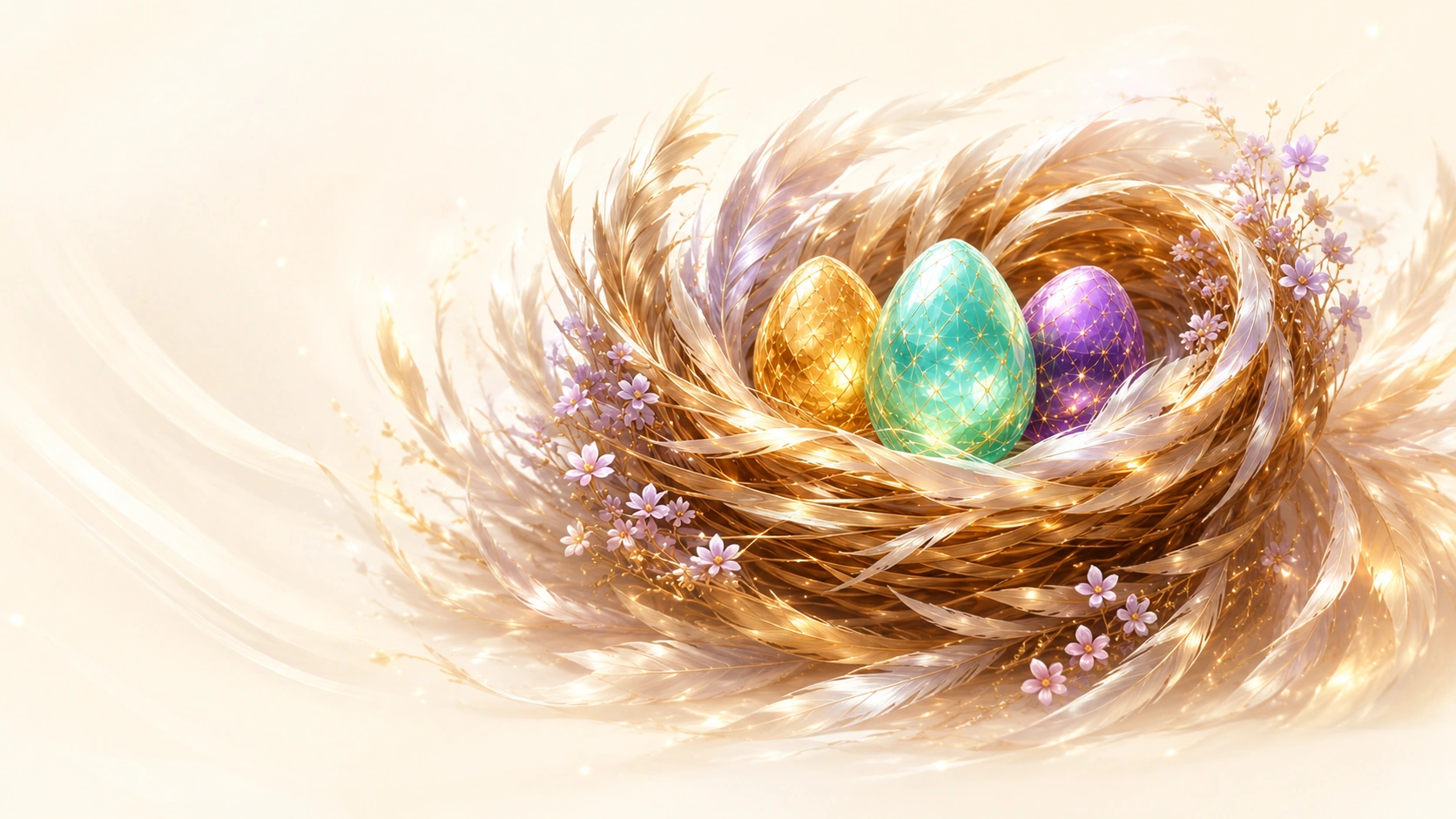 A luminous golden nest holding three jewel-like reward eggs